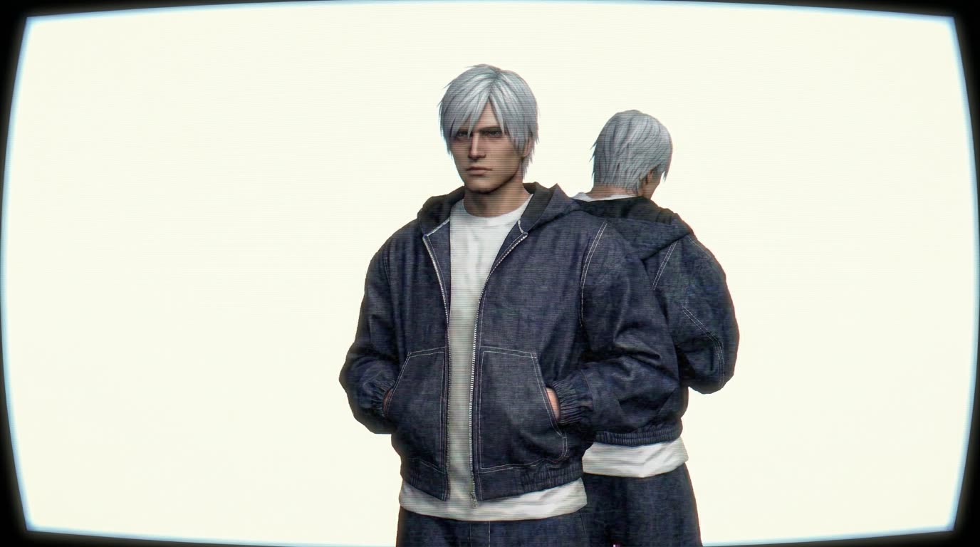 Denim hooded zip jacket — front, worn open over a white tee
