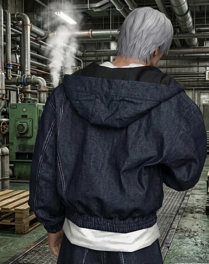 Denim hooded zip jacket — back view showing the hood and elastic hem
