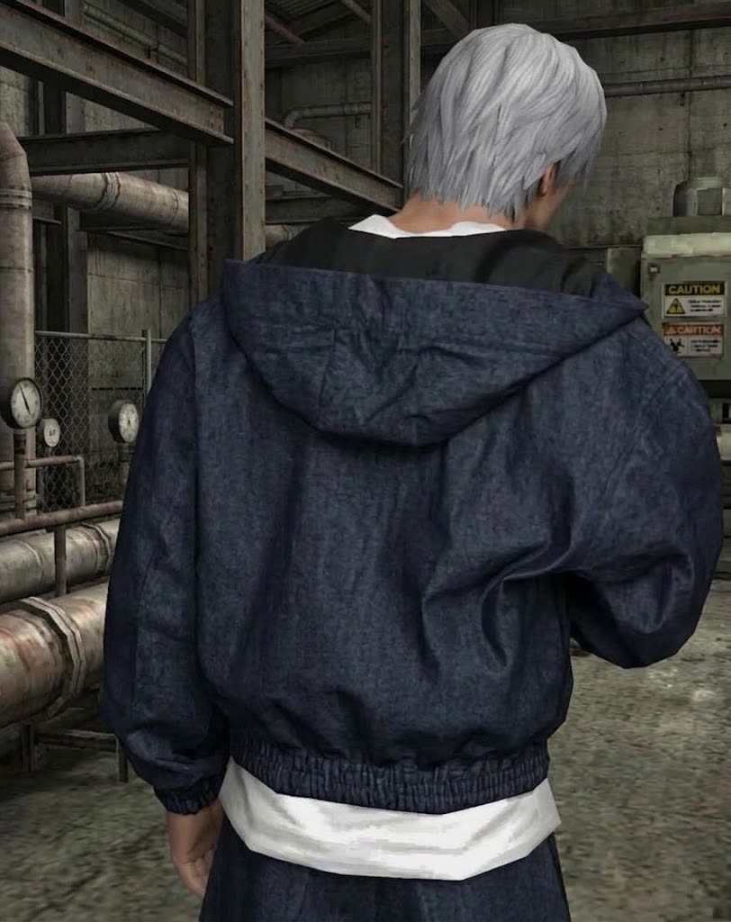 Denim hooded zip jacket — back view, relaxed shoulders
