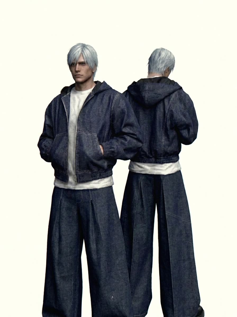 Denim hooded zip jacket — front and back, styled with wide-leg trousers