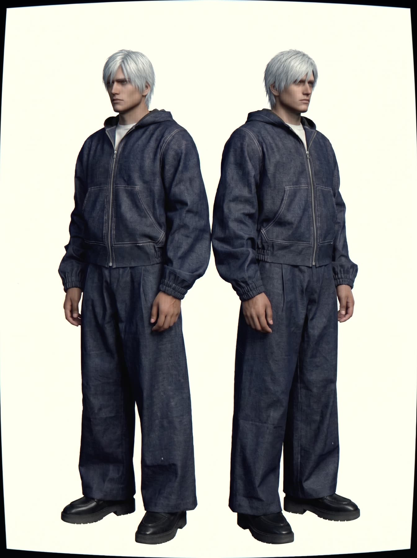 Denim set — hooded zip jacket and wide-leg trousers, studio view